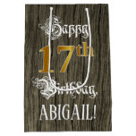 [ Thumbnail: 17th Birthday: Faux Gold Look & Faux Wood Pattern Gift Bag ]