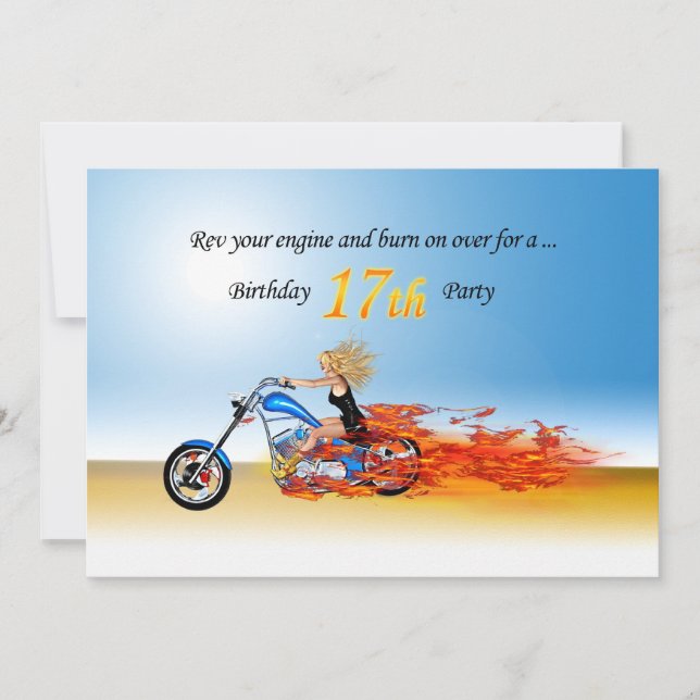 17th birthday Flaming motorcycle party invitation (Front)