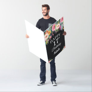 17th Birthday Floral Flowers Black Extra Large Card