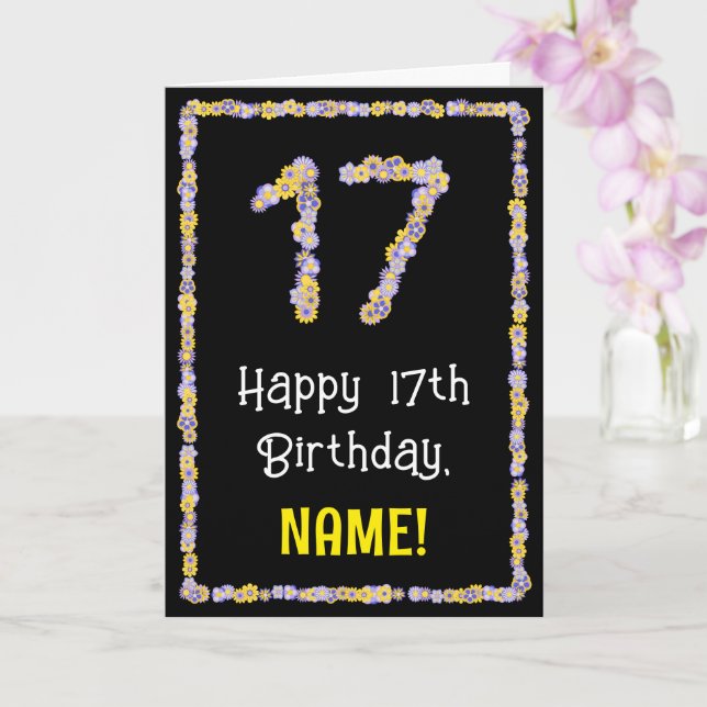 17th Birthday: Floral Flowers Number, Custom Name Card (Orchid)