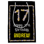 [ Thumbnail: 17th Birthday: Floral Flowers Number, Custom Name Gift Bag ]