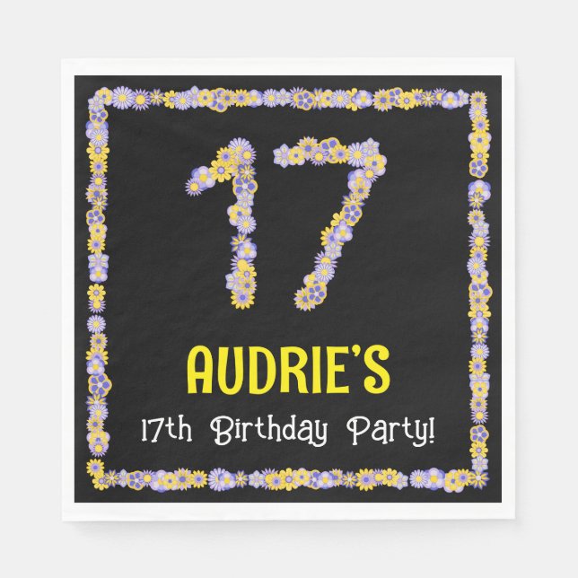 17th Birthday: Floral Flowers Number, Custom Name Napkins (Front)