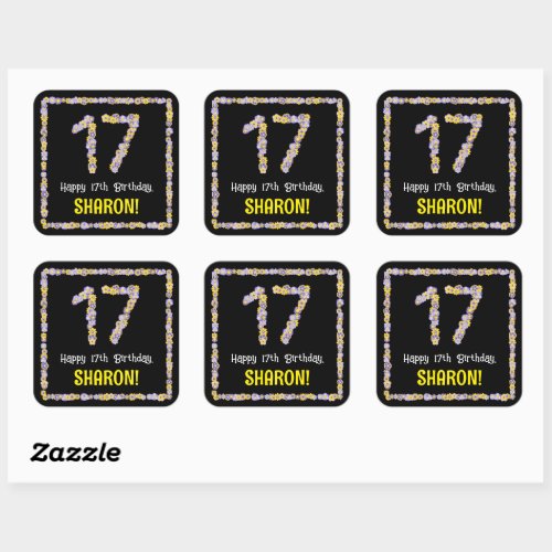 17th Birthday Floral Flowers Number Custom Name Square Sticker