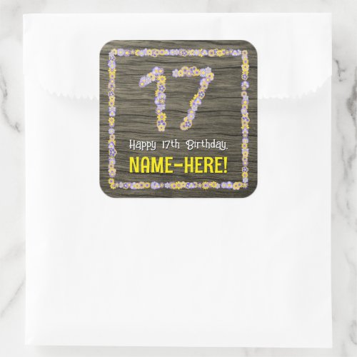 17th Birthday Floral Number Faux Wood Look Name Square Sticker