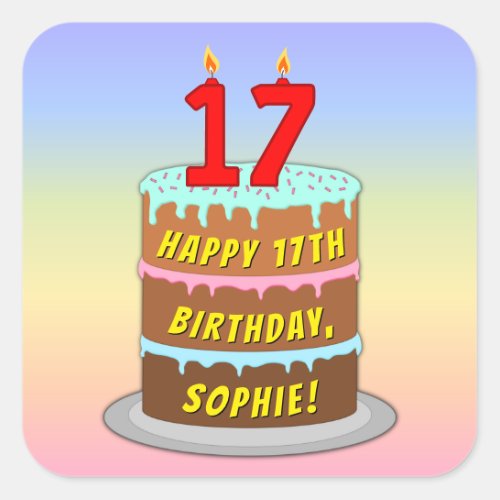 17th Birthday Fun Cake and Candles  Custom Name Square Sticker