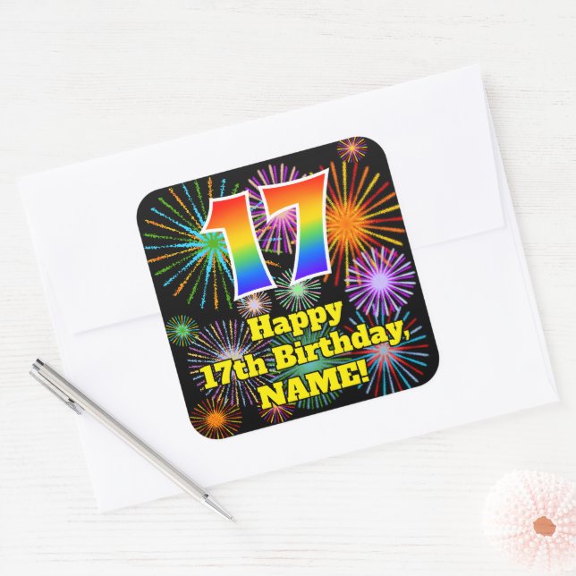 17th Birthday: Fun Fireworks Look, Rainbow # 17 Square Sticker (Envelope)