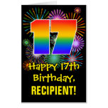 [ Thumbnail: 17th Birthday: Fun Fireworks Pattern & Rainbow 17 Card ]