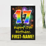 [ Thumbnail: 17th Birthday: Fun Fireworks Pattern + Rainbow 17 Card ]