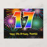 [ Thumbnail: 17th Birthday – Fun Fireworks Pattern + Rainbow 17 Postcard ]