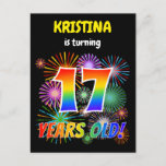 [ Thumbnail: 17th Birthday - Fun Fireworks, Rainbow Look "17" Postcard ]