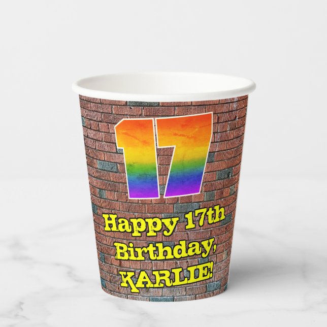 17th Birthday: Fun Graffiti-Inspired Rainbow 17 Paper Cups (Back)