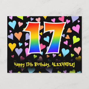 17th Birthday: Fun Hearts Pattern, Rainbow 17 Postcard