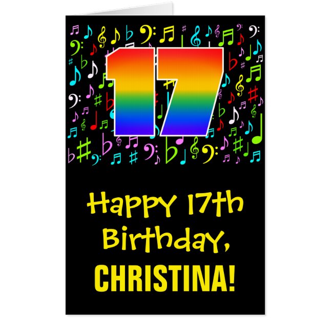 17th Birthday: Fun Music Symbols + Rainbow # 17 Card (Front)