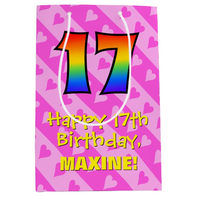 17th Birthday: Fun Pink Hearts Stripes; Rainbow 17 Medium Gift Bag (Front)