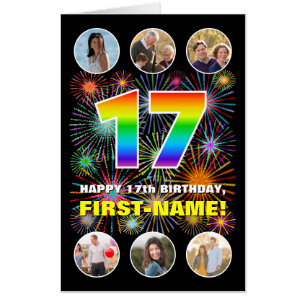 17th Birthday: Fun Rainbow #, Custom Name + Photos Card