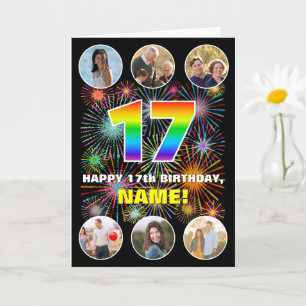 17th Birthday: Fun Rainbow #, Custom Name & Photos Card