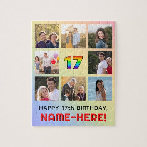 17th Birthday Fun Rainbow  Custom Name  Photos Jigsaw Puzzle