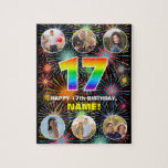 [ Thumbnail: 17th Birthday: Fun Rainbow #, Custom Name + Photos Jigsaw Puzzle ]