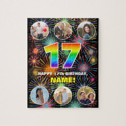 17th Birthday Fun Rainbow  Custom Name  Photos Jigsaw Puzzle