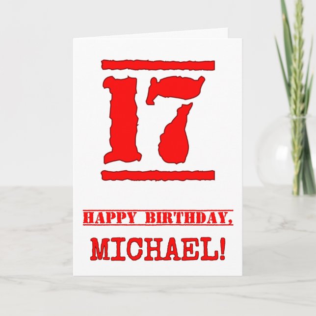 17th Birthday: Fun, Red Rubber Stamp Inspired Look Card (Front)