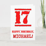 [ Thumbnail: 17th Birthday: Fun, Red Rubber Stamp Inspired Look Card ]