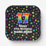 [ Thumbnail: 17th Birthday: Fun Stars Pattern and Rainbow “17” Paper Plates ]