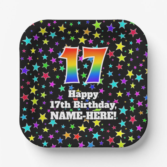 17th Birthday: Fun Stars Pattern and Rainbow “17” Paper Plates (Front)