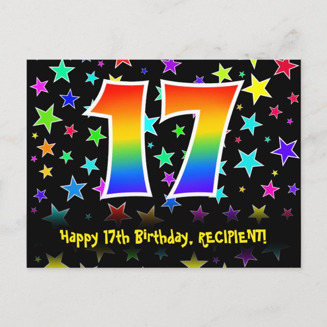 17th Birthday: Fun Stars Pattern, Rainbow 17, Name Postcard (Front)