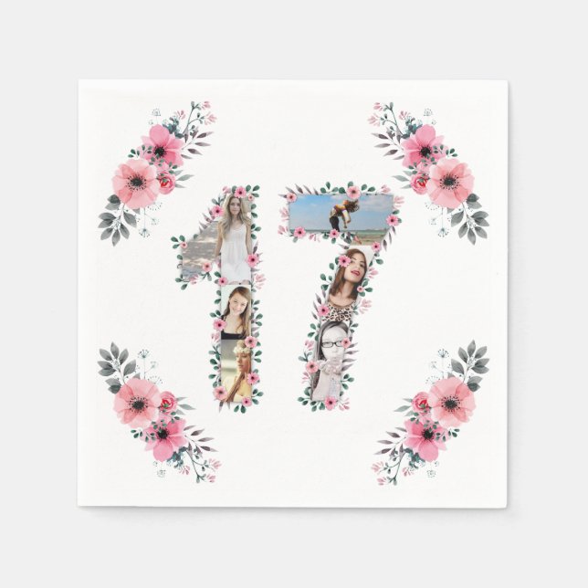 17th Birthday Girl Flower Photo Collage White Napkins (Front)