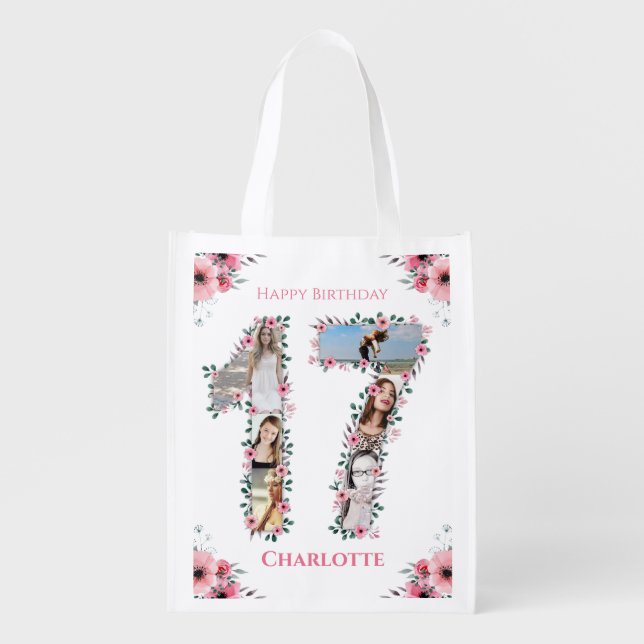 17th Birthday Girl Photo Collage Pink Flower White Grocery Bag (Front)