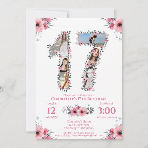 17th Birthday Girl Photo Collage Pink Flower White Invitation