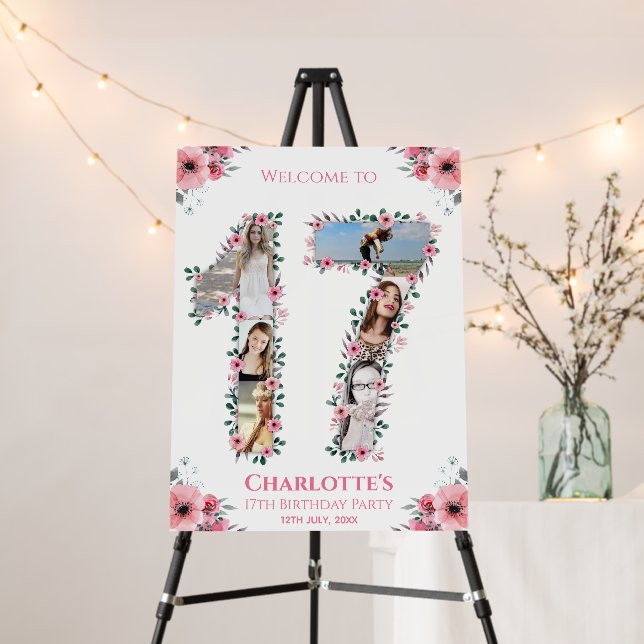 17th Birthday Girl Photo Pink Flower White Welcome Foam Board (In Situ (Stand))