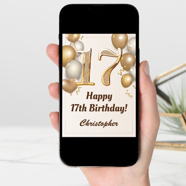 17th Birthday Gold Balloons and Confetti Birthday Card (Front Digital)