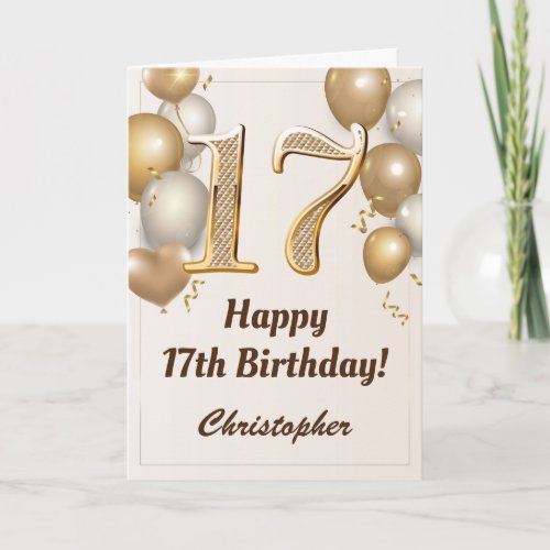 17th Birthday Gold Balloons and Confetti Birthday Card