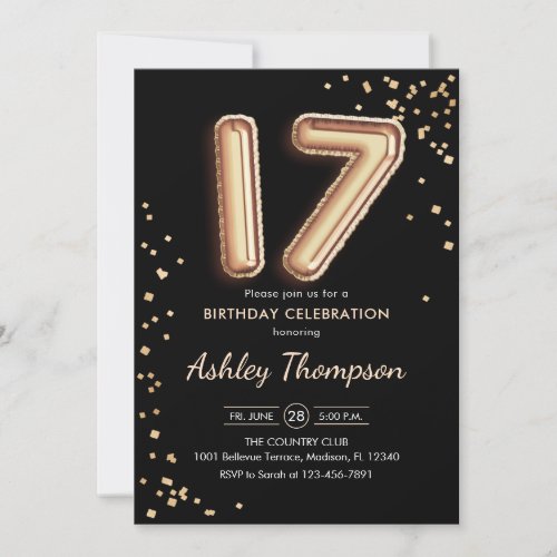 17th Birthday _ Gold Balloons Black Invitation