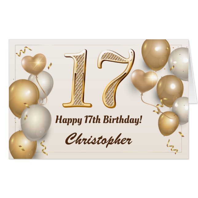 17th Birthday Gold Balloons Confetti Extra Large Card (Front Horizontal)