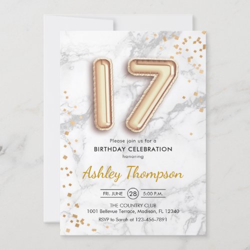 17th Birthday _ Gold Balloons Marble Effect Invitation