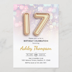 17th Birthday - Gold Balloons Pink Lights Invitation