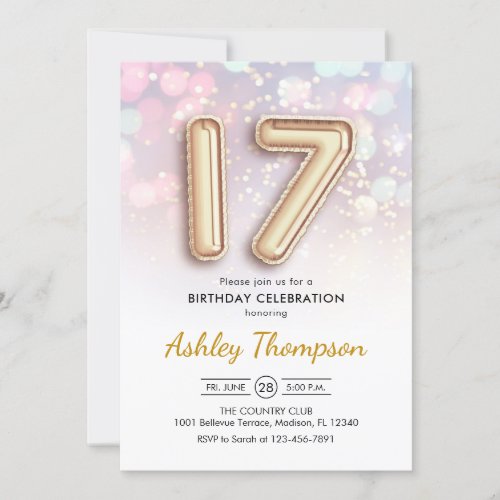 17th Birthday _ Gold Balloons Pink Lights Invitation