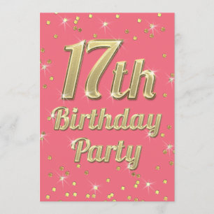 17th Birthday Gold Bling Typography Confetti Pink Invitation