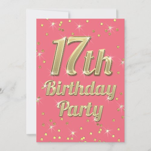 17th Birthday Gold Bling Typography Confetti Pink Invitation