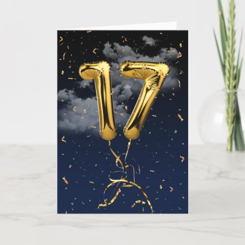 17th Birthday Gold Mylar Balloon and Confetti Card