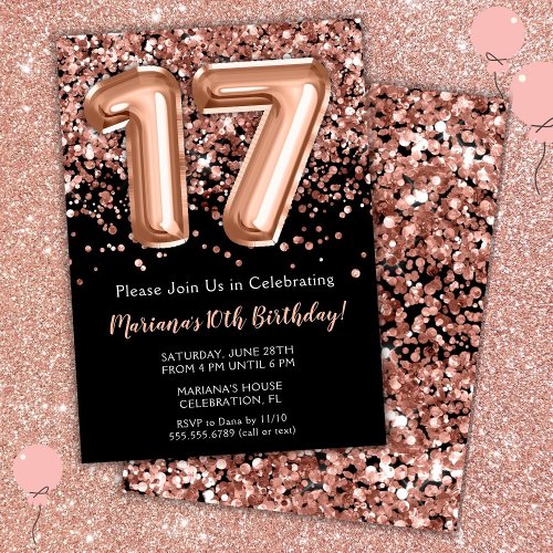 17th Birthday Invitation Black Rose Gold Glitter