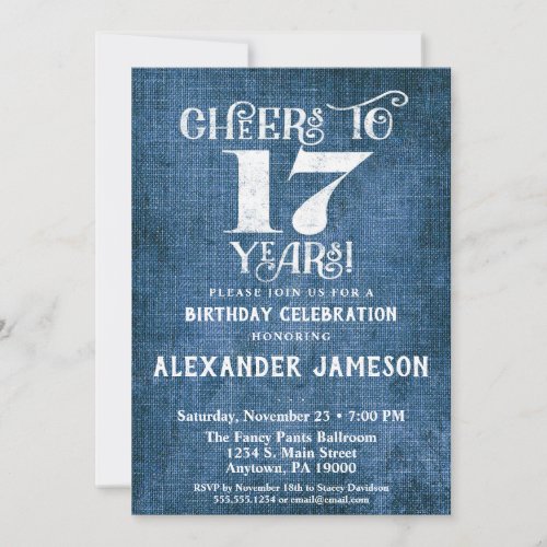 17th Birthday Invitation Blue Linen Rustic Cheers