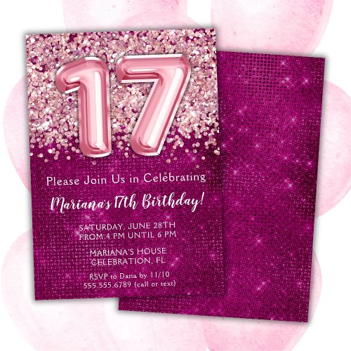 17th Birthday Invitation Girl Magenta Pink Glitter