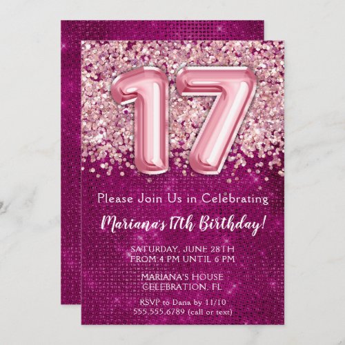 17th Birthday Invitation Girl Magenta Pink Glitter