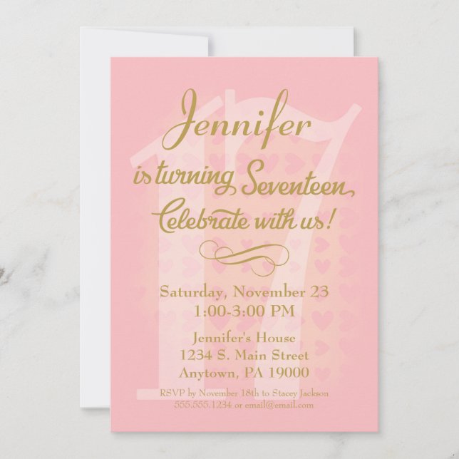 17th Birthday Invitation Girls Pink Gold Hearts (Front)