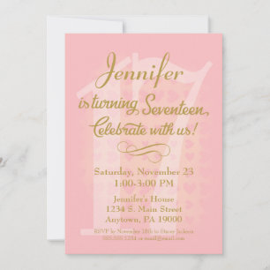 17th Birthday Invitation Girls Pink Gold Hearts