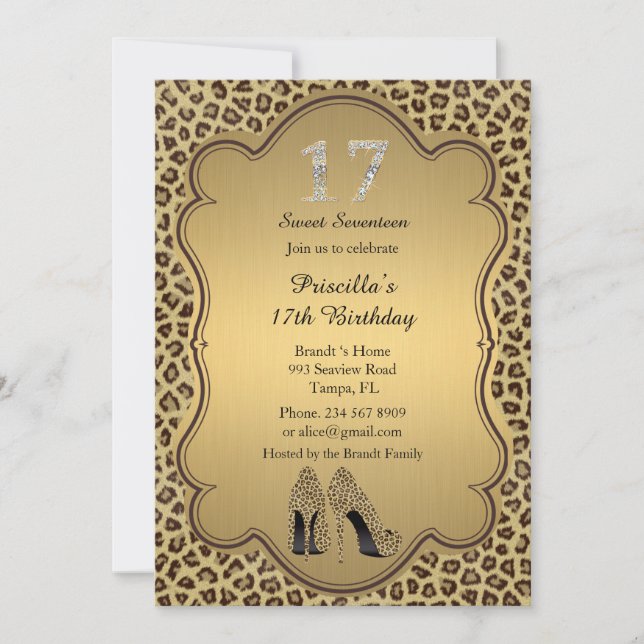 17th Birthday invitation, numbers diamonds,Cheetah Invitation (Front)
