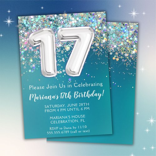 17th Birthday Invitation Teal Silver Glitter